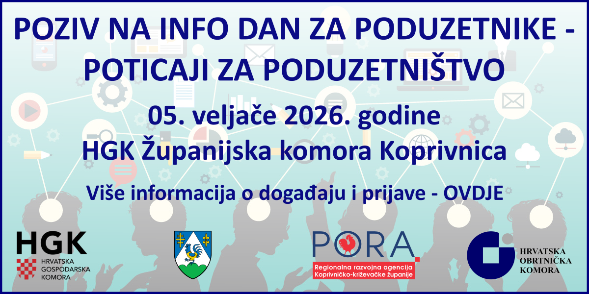 POZIV NA INFO DAN ZA PODUZETNIKE – POTICAJI ZA PODUZETNIŠTVO
05. veljače 2026. godine (četvrtak) s početkom u 10:00 sati u HGK Županijska komora Koprivnica
Program događaja dostupan je OVDJE
Svoj dolazak možete potvrditi do 04. veljače do 12:00 sati na e-mail: marina.skrznaric@pora.com.hr